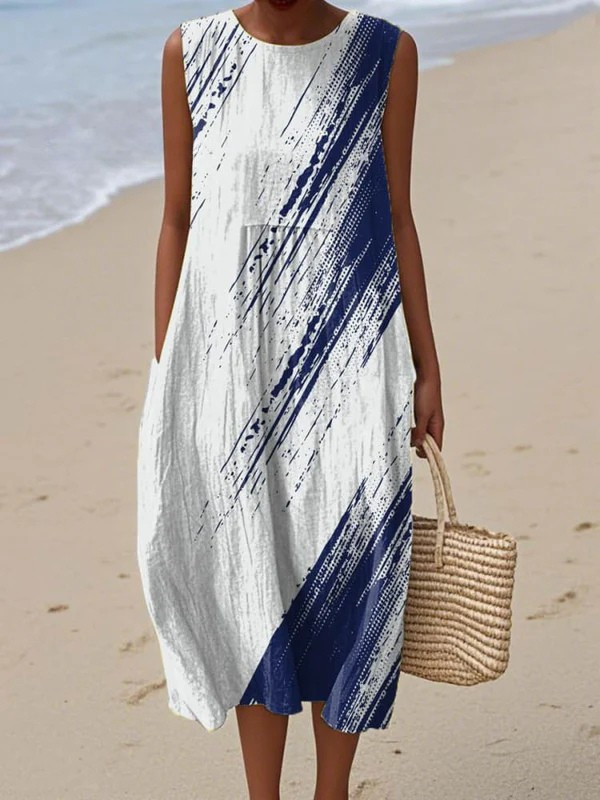 KORALIÉ™ | Vestido Midi Casual Elegante Blanco Azul