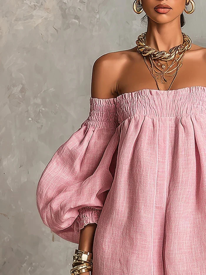 Gisela Vestido Mini Rosa con Mangas Farol y Hombros al Descubierto
