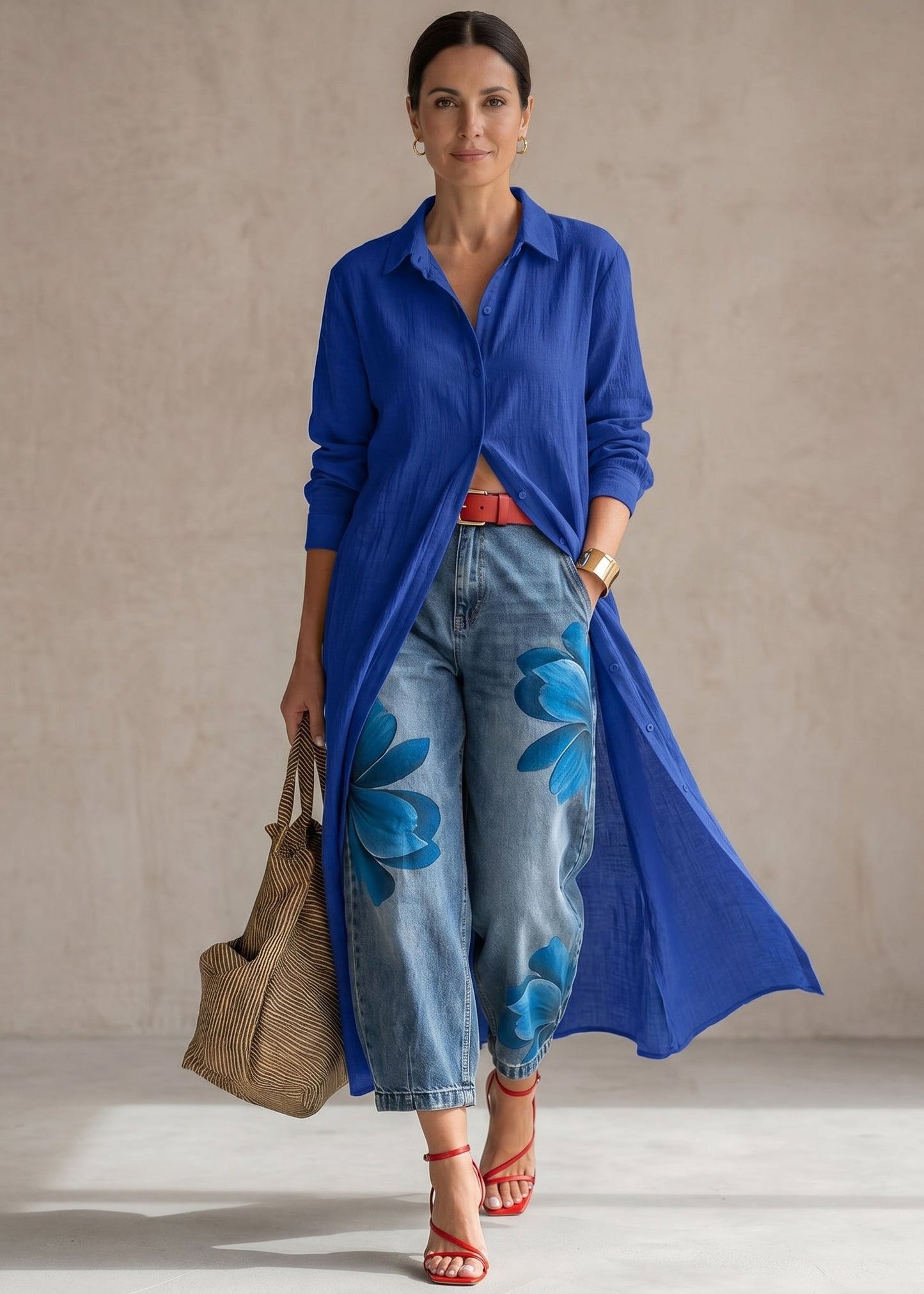 Rosa · Vestido camisero rojo completo y jeans anchos florales
