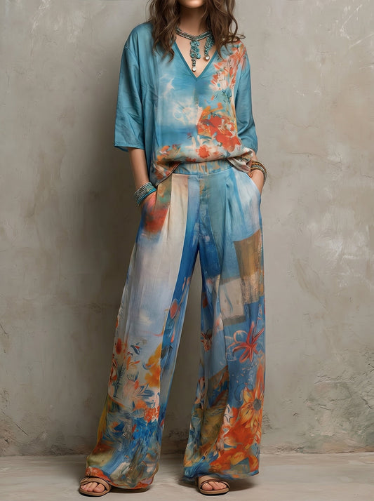 CLARA | Conjunto elegante estampado floral con pantalón ancho