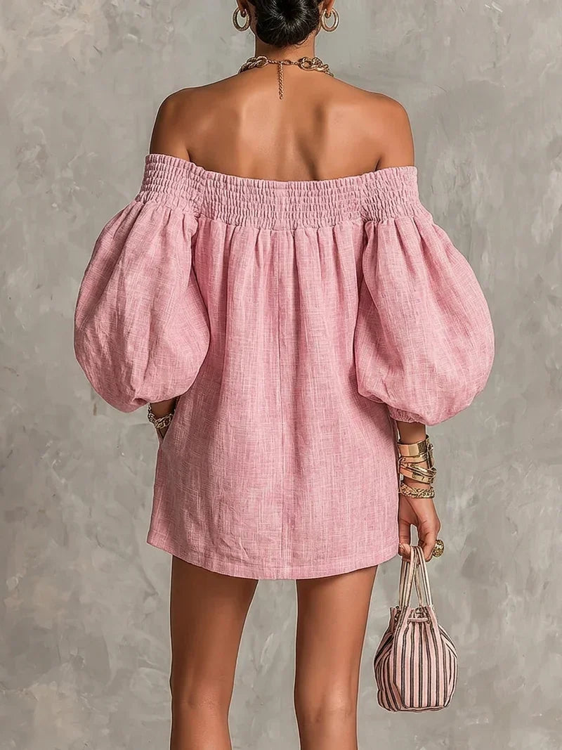 Gisela Vestido Mini Rosa con Mangas Farol y Hombros al Descubierto