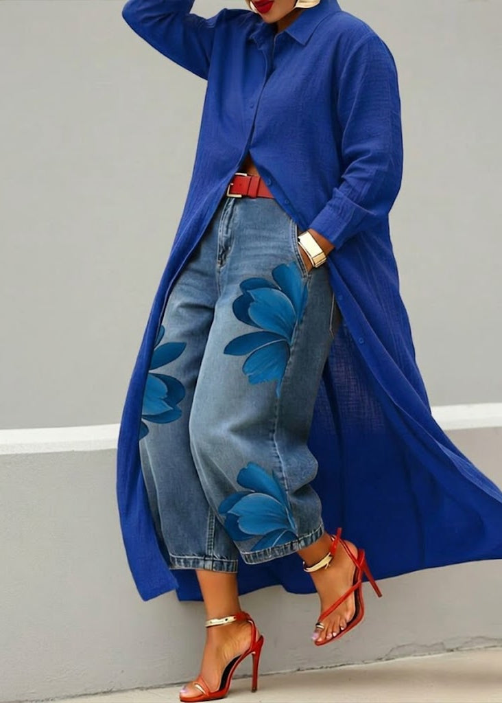 Rosa · Vestido camisero rojo completo y jeans anchos florales