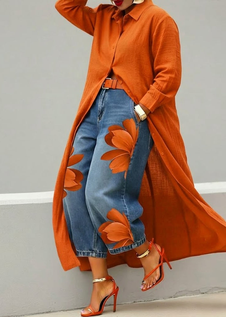Rosa · Vestido camisero rojo completo y jeans anchos florales