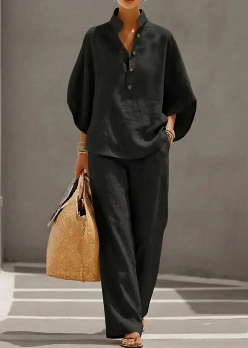 Maribel | Conjunto completo de lino con mangas de murciélago y pantalones anchos