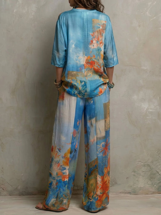 CLARA | Conjunto elegante estampado floral con pantalón ancho