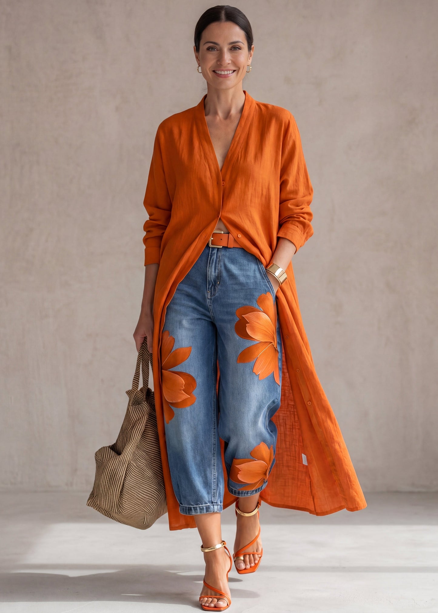 Rosa · Vestido camisero rojo completo y jeans anchos florales