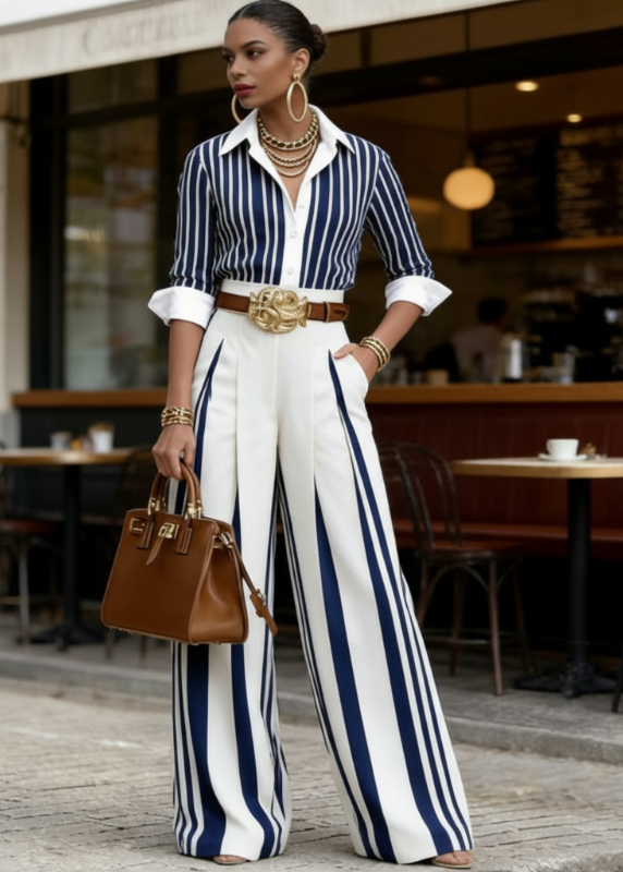 Lucia: Conjunto completo de mujer a rayas con camisa y pantalón largo
